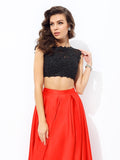 A-line/Princess Scoop Lace Sleeveless Long Satin Two Piece Dresses Prom Evening Dress