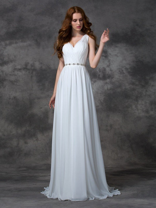 A-Linie/Princess-Linie V-Ausschnitt Perlen verziert Ärmellos Lange Chiffon Brautkleider
