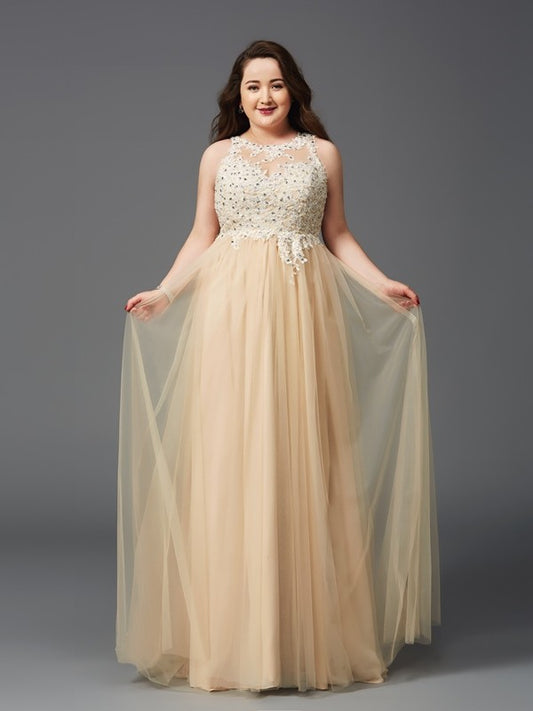 Vestidos de noche de graduación de talla grande con corte A/princesa, escote redondo, sin mangas, con diamantes de imitación y red larga