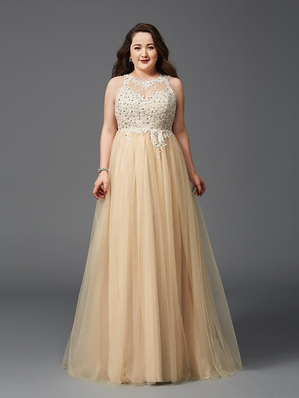 Vestidos de noche de graduación de talla grande con corte A/princesa, escote redondo, sin mangas, con diamantes de imitación y red larga