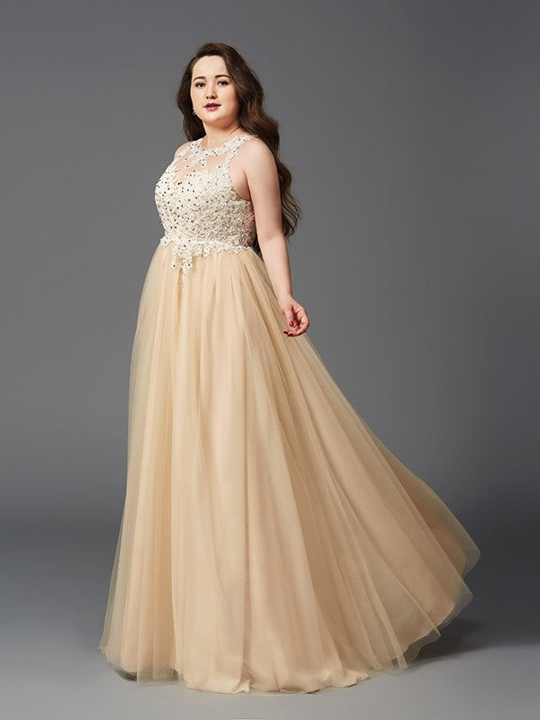Vestidos de noche de graduación de talla grande con corte A/princesa, escote redondo, sin mangas, con diamantes de imitación y red larga