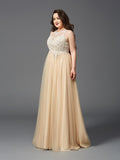 Vestidos de noche de graduación de talla grande con corte A/princesa, escote redondo, sin mangas, con diamantes de imitación y red larga