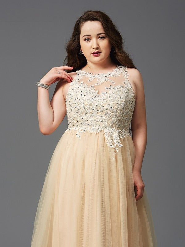 Vestidos de noche de graduación de talla grande con corte A/princesa, escote redondo, sin mangas, con diamantes de imitación y red larga