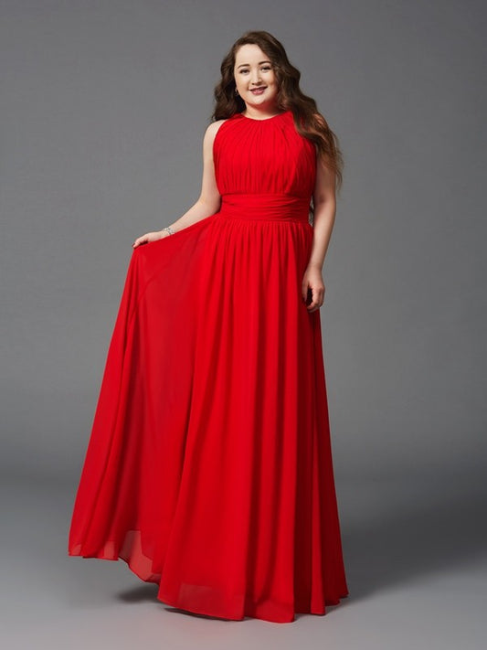 Vestido de noche de graduación de gasa largo sin mangas con fruncido y joya de corte A/princesa de talla grande
