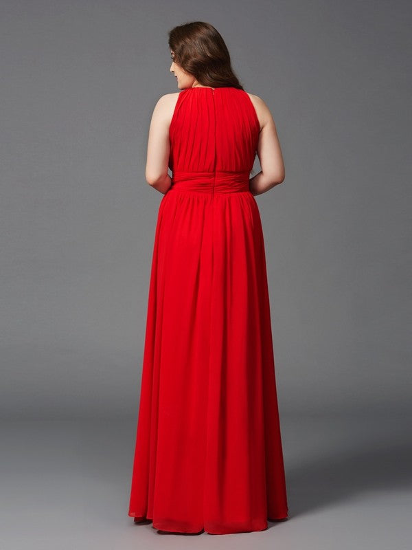 Vestido de noche de graduación de gasa largo sin mangas con fruncido y joya de corte A/princesa de talla grande