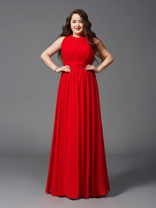 Vestido de noche de graduación de gasa largo sin mangas con fruncido y joya de corte A/princesa de talla grande