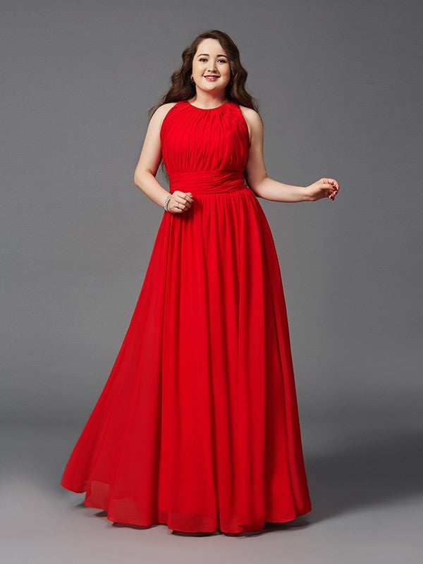 Vestido de noche de graduación de gasa largo sin mangas con fruncido y joya de corte A/princesa de talla grande