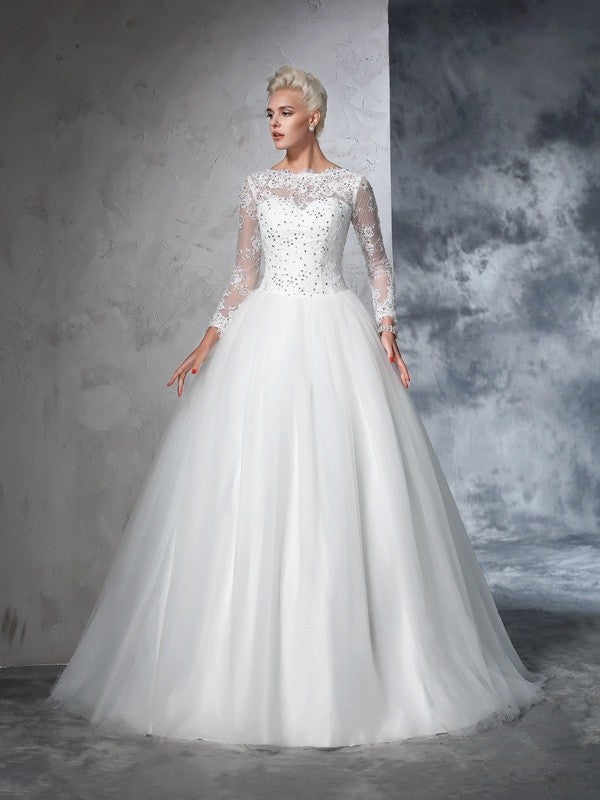 Ballkleid Bateau Spitze Lange Ärmel Langes Netz Brautkleider Brautkleider