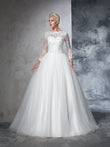 Ballkleid Bateau Spitze Lange Ärmel Langes Netz Brautkleider Brautkleider