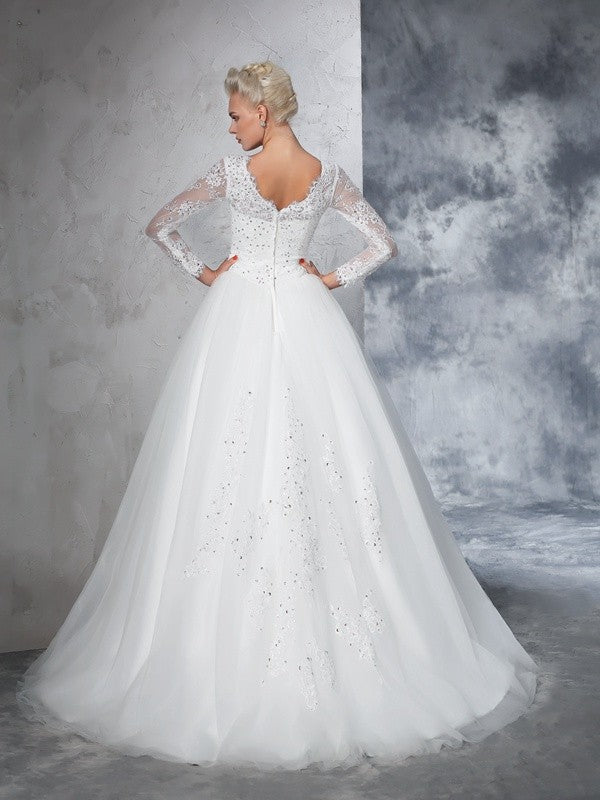 Ballkleid Bateau Spitze Lange Ärmel Langes Netz Brautkleider Brautkleider