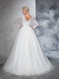 Ballkleid Bateau Spitze Lange Ärmel Langes Netz Brautkleider Brautkleider