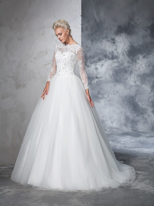 Ballkleid Bateau Spitze Lange Ärmel Langes Netz Brautkleider Brautkleider