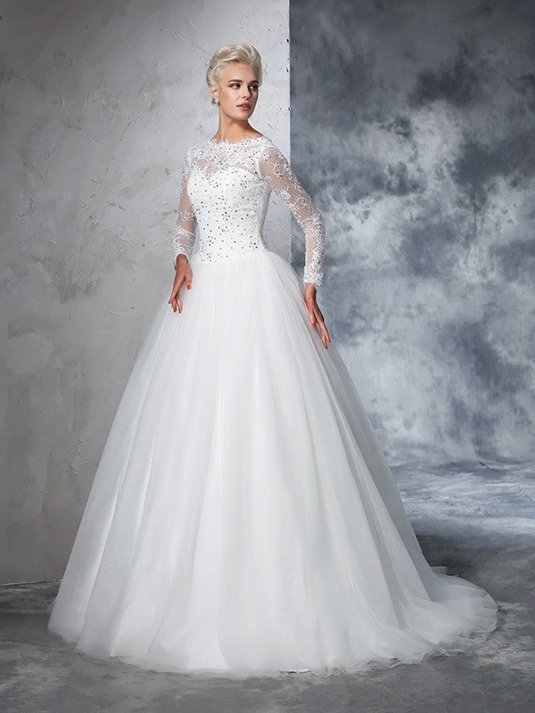 Ballkleid Bateau Spitze Lange Ärmel Langes Netz Brautkleider Brautkleider