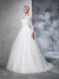 Ballkleid Bateau Spitze Lange Ärmel Langes Netz Brautkleider Brautkleider