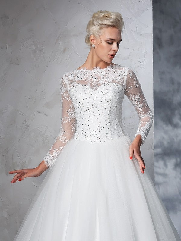 Ballkleid Bateau Spitze Lange Ärmel Langes Netz Brautkleider Brautkleider
