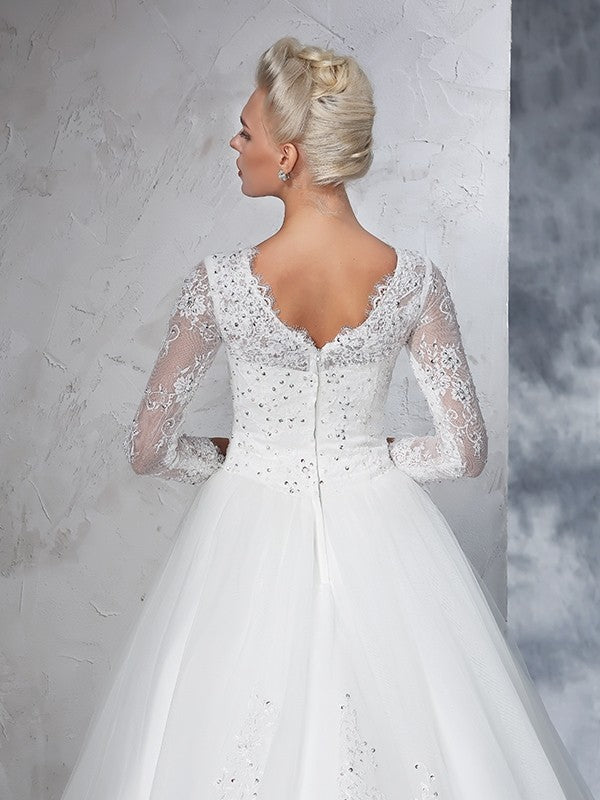Ballkleid Bateau Spitze Lange Ärmel Langes Netz Brautkleider Brautkleider
