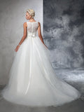 Ball Gown Bateau Applique Sleeveless Long Net Wedding Dresses Bridal Gowns