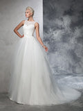 Ball Gown Bateau Applique Sleeveless Long Net Wedding Dresses Bridal Gowns