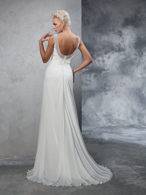 Trumpet/Mermaid Straps Ruched Sleeveless Long Chiffon Wedding Dresses Bridal Gowns