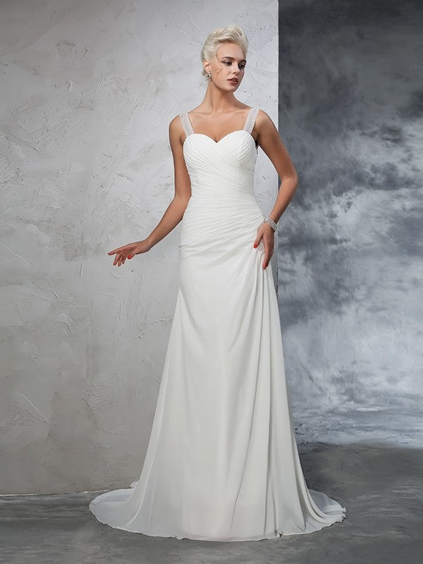 Trumpet/Mermaid Straps Ruched Sleeveless Long Chiffon Wedding Dresses Bridal Gowns