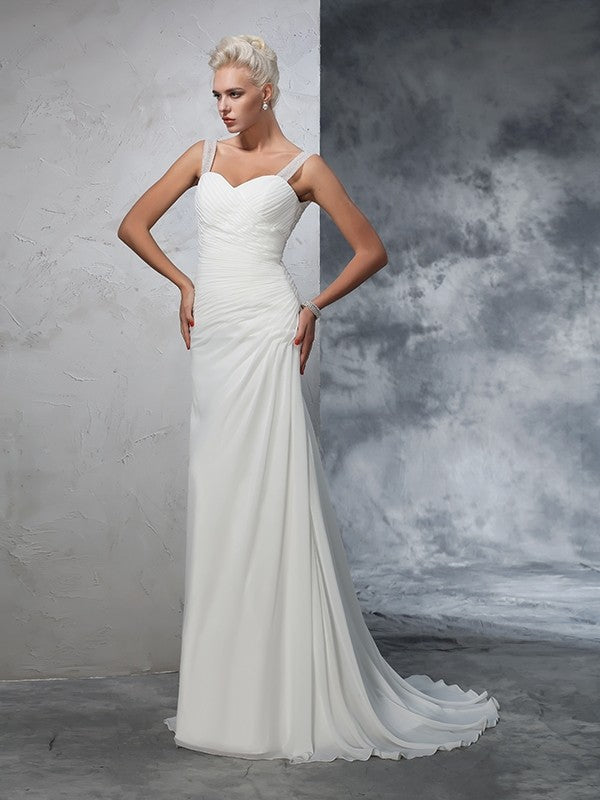 Trumpet/Mermaid Straps Ruched Sleeveless Long Chiffon Wedding Dresses Bridal Gowns