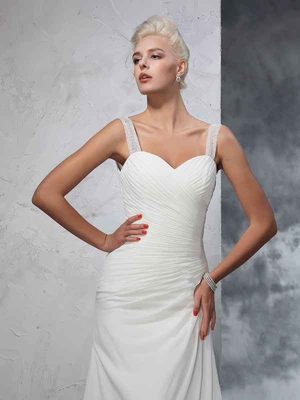 Trumpet/Mermaid Straps Ruched Sleeveless Long Chiffon Wedding Dresses Bridal Gowns