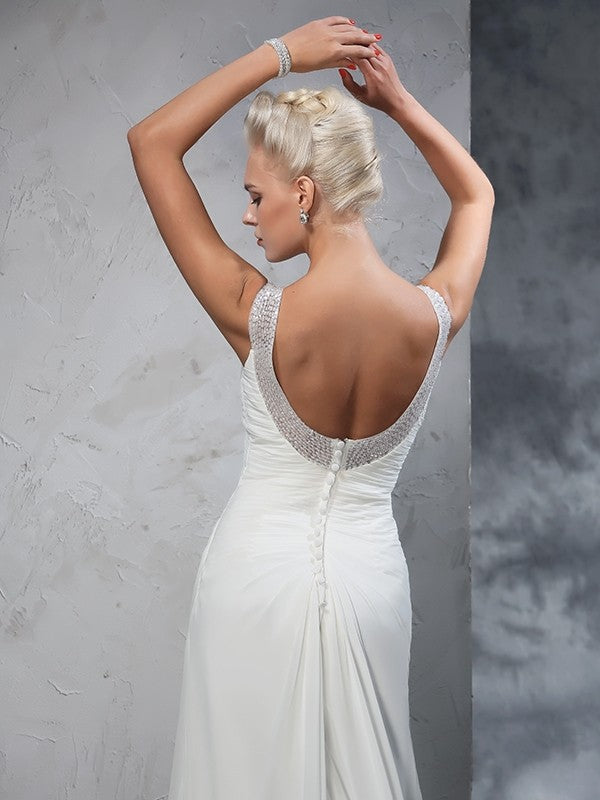 Trumpet/Mermaid Straps Ruched Sleeveless Long Chiffon Wedding Dresses Bridal Gowns