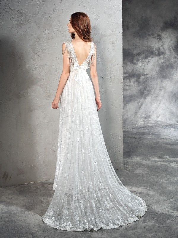 Vestidos de novia largos de encaje sin mangas con tirantes tipo A/princesa