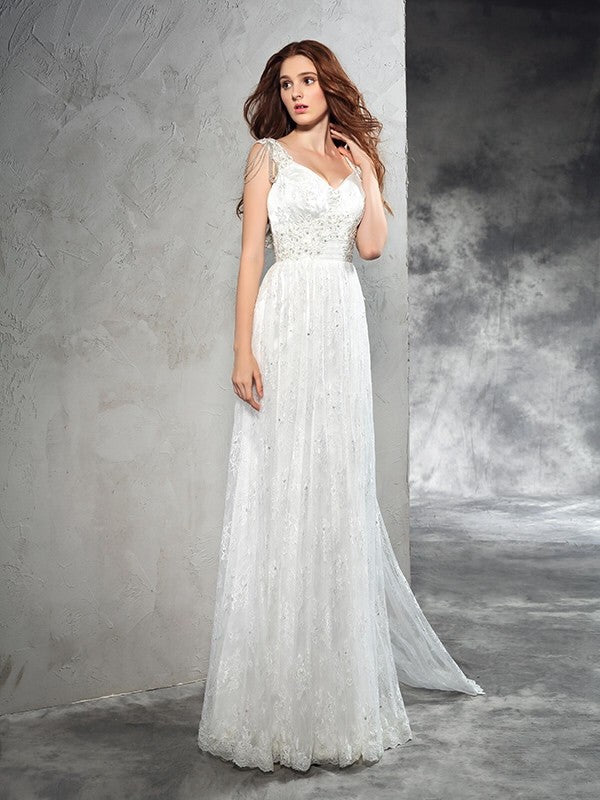 Vestidos de novia largos de encaje sin mangas con tirantes tipo A/princesa
