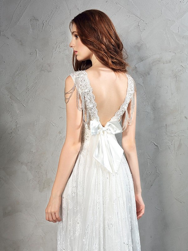 Vestidos de novia largos de encaje sin mangas con tirantes tipo A/princesa