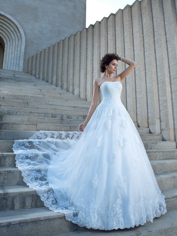Ball Gown Spaghetti Straps Applique Sleeveless Long Satin Wedding Dresses Bridal Gowns