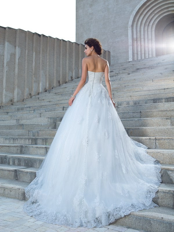 Ball Gown Spaghetti Straps Applique Sleeveless Long Satin Wedding Dresses Bridal Gowns