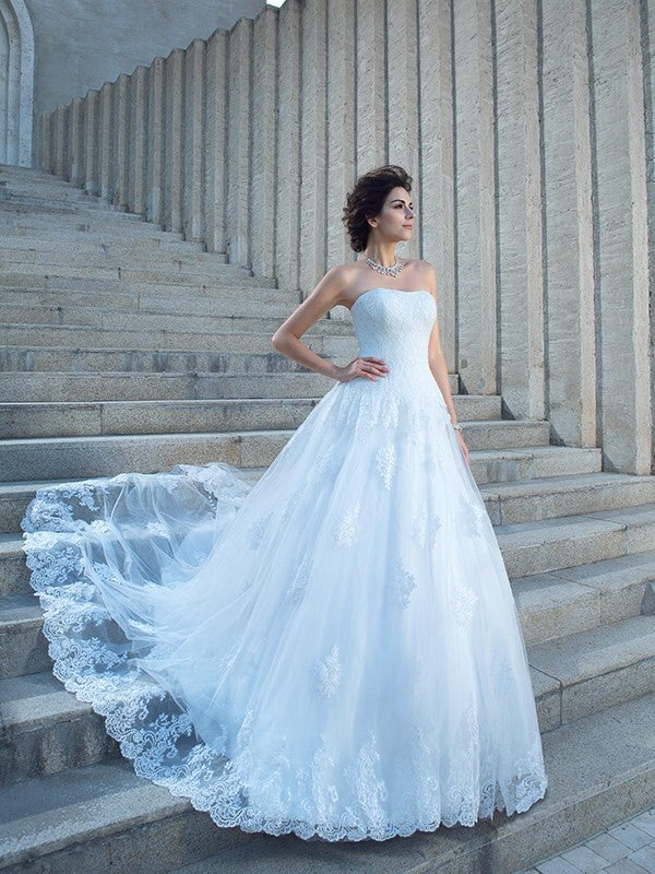 Ball Gown Spaghetti Straps Applique Sleeveless Long Satin Wedding Dresses Bridal Gowns