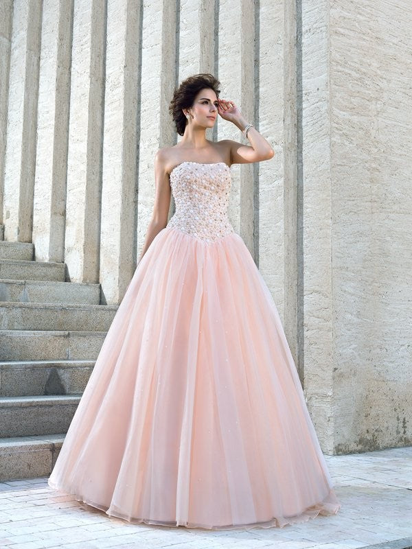 Ballkleid Trägerlos Perlenstickerei Ärmellos Lang Satin Brautkleider Brautkleider