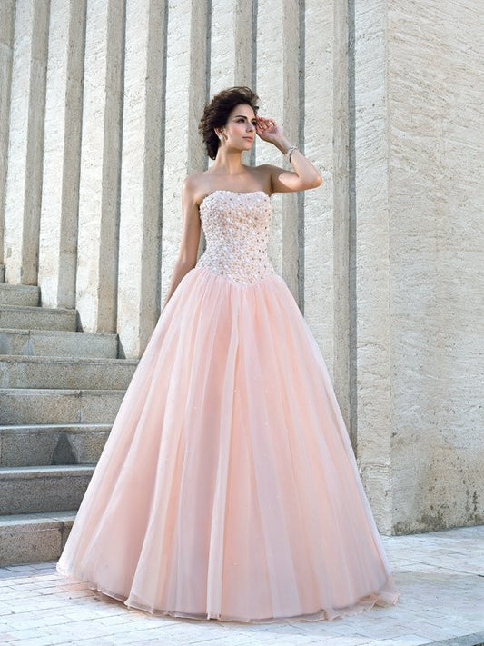 Ballkleid Trägerlos Perlenstickerei Ärmellos Lang Satin Brautkleider Brautkleider