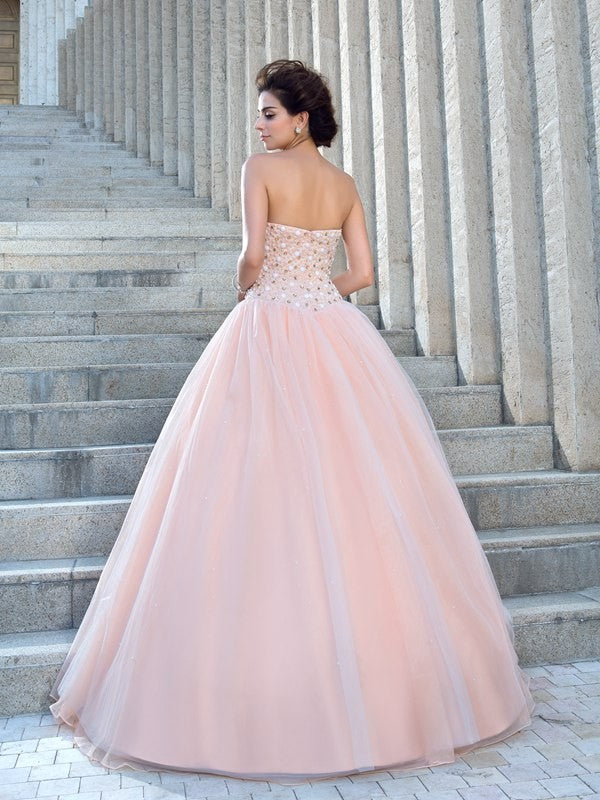 Ballkleid Trägerlos Perlenstickerei Ärmellos Lang Satin Brautkleider Brautkleider