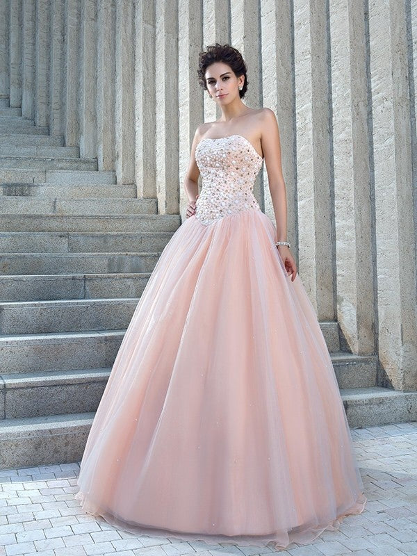 Ballkleid Trägerlos Perlenstickerei Ärmellos Lang Satin Brautkleider Brautkleider