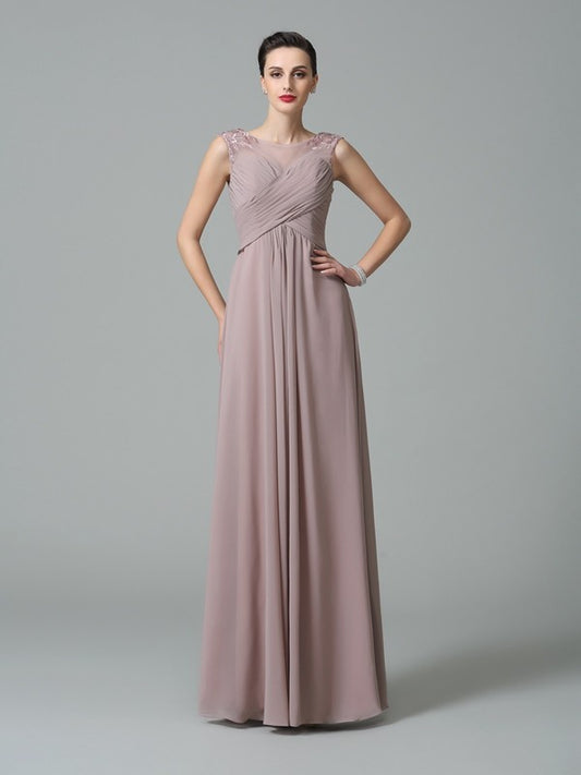 A-Line/Princess Scoop Ruched Sleeveless Long Chiffon Bridesmaid Dresses Evening Prom Dress