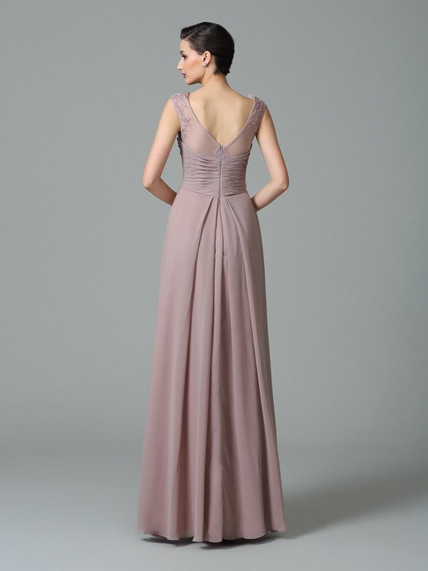 A-Line/Princess Scoop Ruched Sleeveless Long Chiffon Bridesmaid Dresses Evening Prom Dress