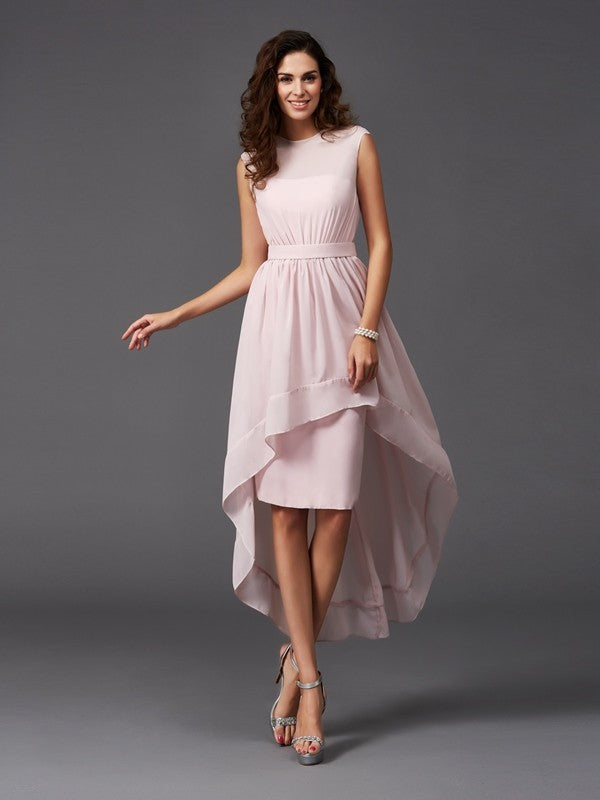 A-Line/Princess Scoop Sash/Ribbon/Belt Sleeveless High Low Chiffon Bridesmaid Dresses Prom Dress