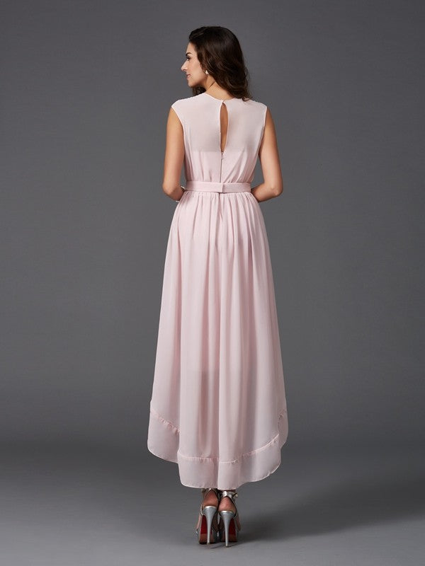 A-Line/Princess Scoop Sash/Ribbon/Belt Sleeveless High Low Chiffon Bridesmaid Dresses Prom Dress