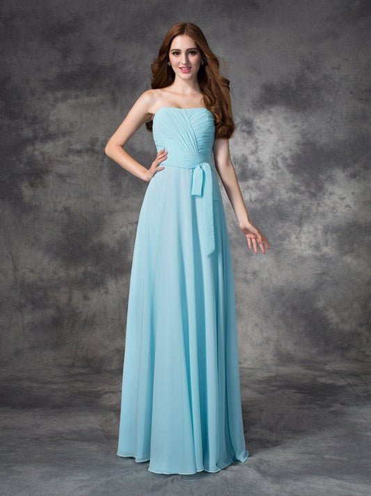 A-line/Princess Strapless Ruched Sleeveless Long Chiffon Bridesmaid Dresses Evening Prom Dress