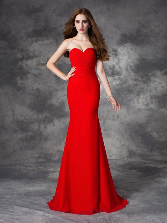 Trumpet/Mermaid Sweetheart Ruched Sleeveless Long Chiffon Bridesmaid Dresses Formal Evening Dress