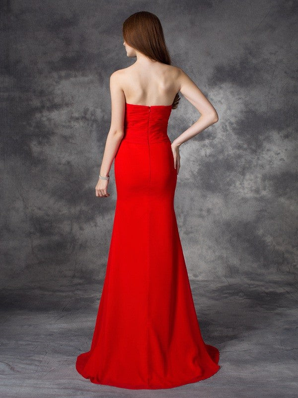 Trumpet/Mermaid Sweetheart Ruched Sleeveless Long Chiffon Bridesmaid Dresses Formal Evening Dress