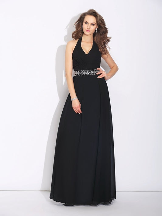 A-Line/Princess Halter Beading Sleeveless Long Chiffon Bridesmaid Dresses Evening Prom Dress