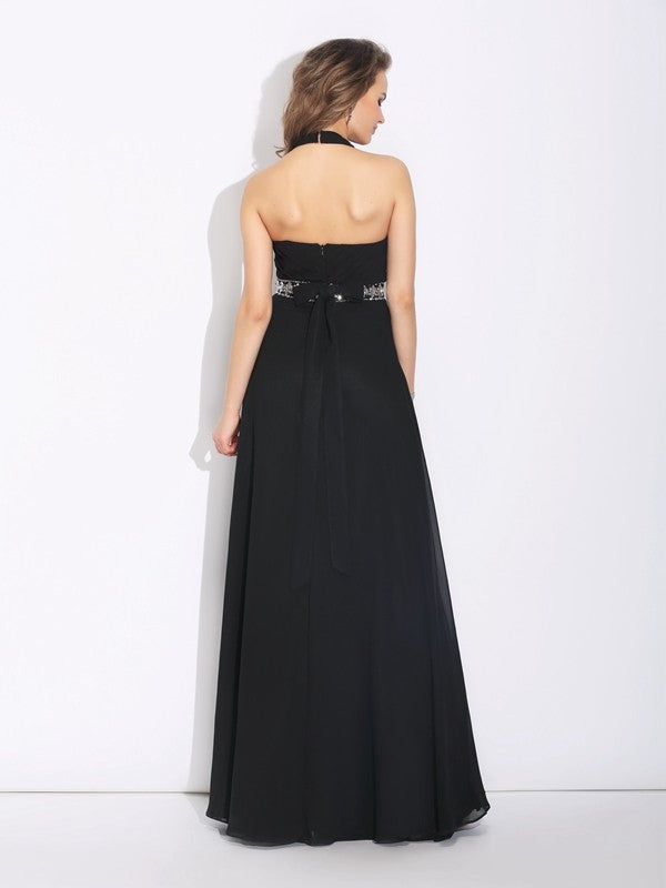 A-Line/Princess Halter Beading Sleeveless Long Chiffon Bridesmaid Dresses Evening Prom Dress
