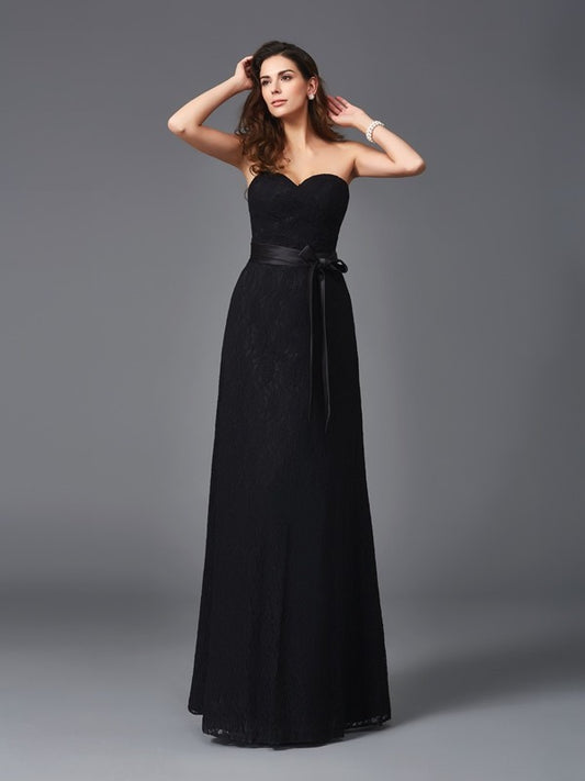 Vestido de noche largo de encaje para dama de honor, corte A/princesa, escote corazón, faja/cinturón, sin mangas