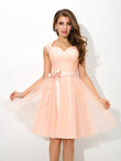 Vestido de dama de honor corto de red, sin mangas, con tirantes tipo A o princesa, con faja, cinta o cinturón, para invitada de boda