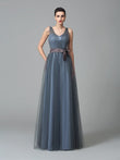 A-Line/Princess Straps Sash/Ribbon/Belt Sleeveless Long Net Bridesmaid Dresses Evening Prom Dress