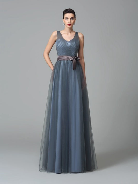 A-Line/Princess Straps Sash/Ribbon/Belt Sleeveless Long Net Bridesmaid Dresses Evening Prom Dress